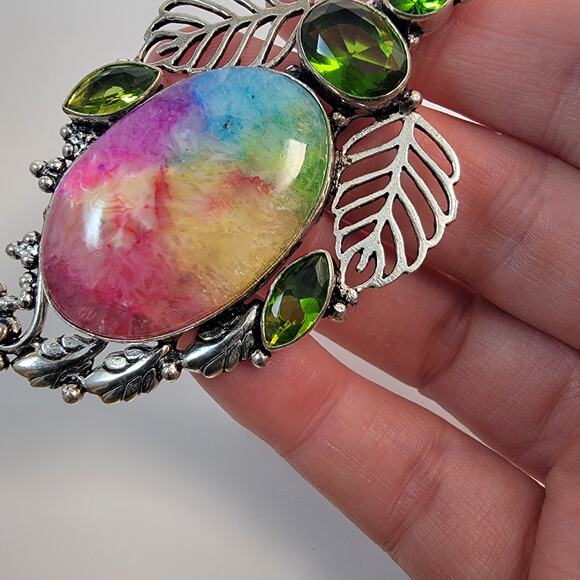 Handmade Rainbow Fluorite and Peridot Pendant with Sterling Silver Floral Design - Picture 8 of 10
